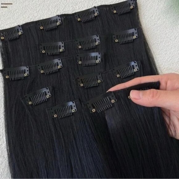 human hair blend 22 Inch Clip in Long Black Thick straight Hair Extensions - Picture 7 of 7